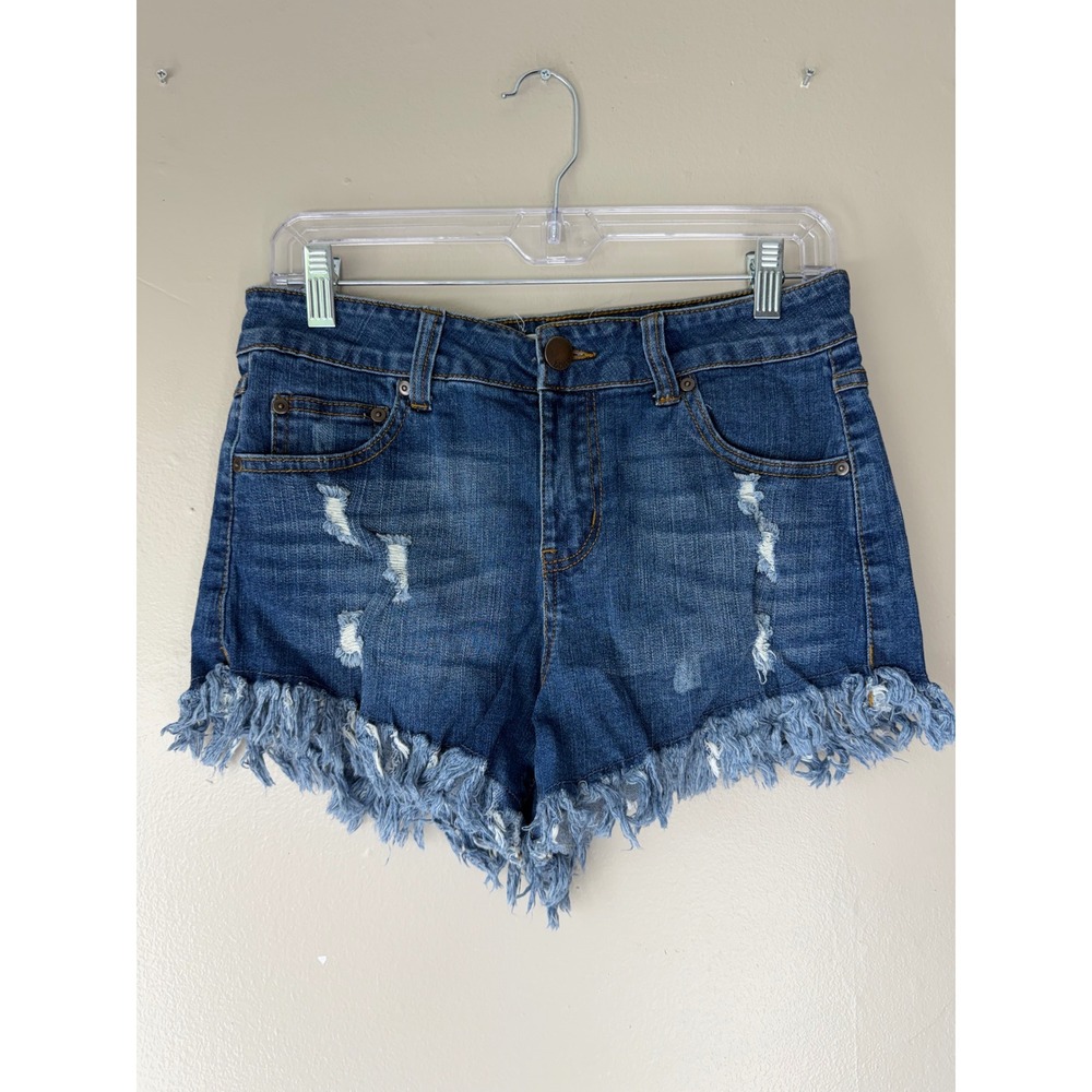 Elan Distressed Denim Shorts Medium Wash Frayed Raw Hem Size L JE3005